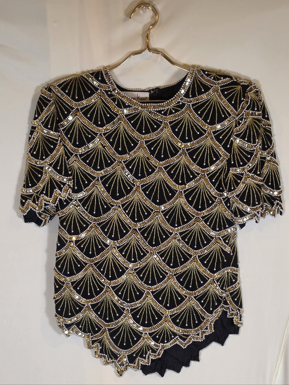 Vtg Laurence Kazar Silk Beaded Top M Black Gold Art Deco Fan Chevron Cocktail